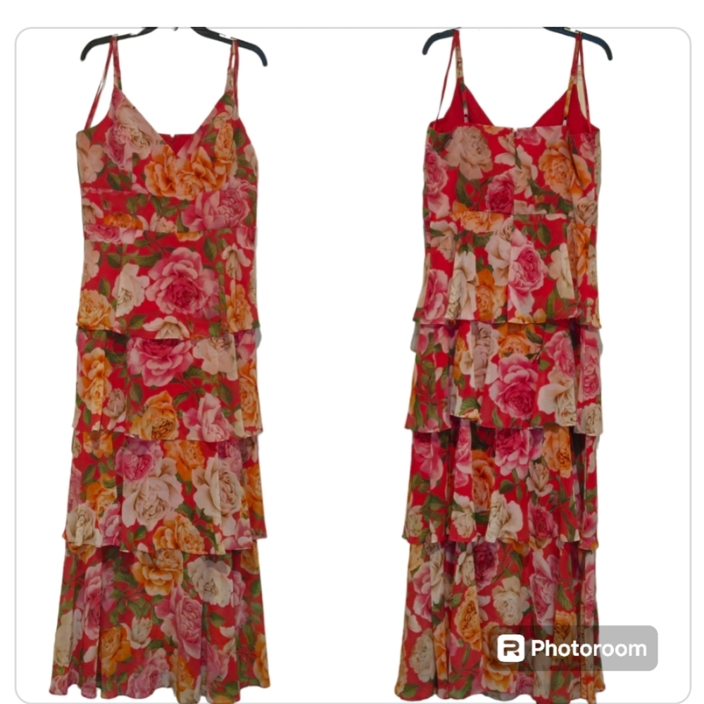 NWT Eliza J Floral Tiered Maxi Dress 16 Pink V-Neck Ruffle Chiffon Gown Wedding - Picture 9 of 14
